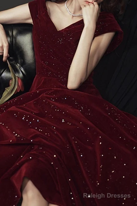 Wine Red Velvet Floor Length A-Line Prom Dress, Wine Red Wedding Party Dress