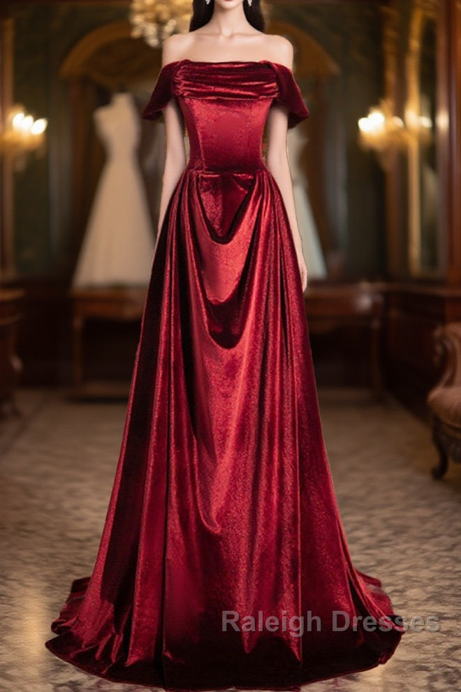Wine Red Velvet Floor Length Long Prom Dresses A-Line Velvet Bridesmaid Dresses Main image