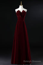 Wine Red Velvet Floor Length Long Prom Dress, Dark Red Party Dress