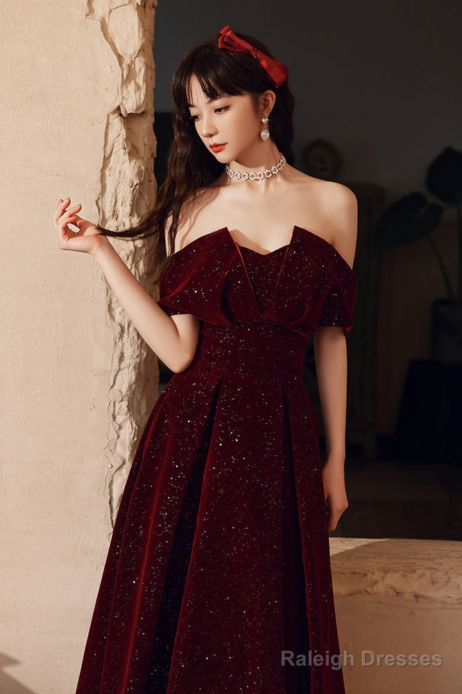 Wine Red Velvet Floor Length Party Dress, A-Line Formal Dress Wine Red Prom Dress