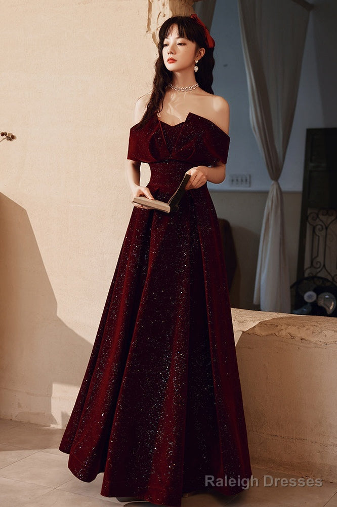 Wine Red Velvet Floor Length Party Dress, A-Line Formal Dress Wine Red Prom Dress