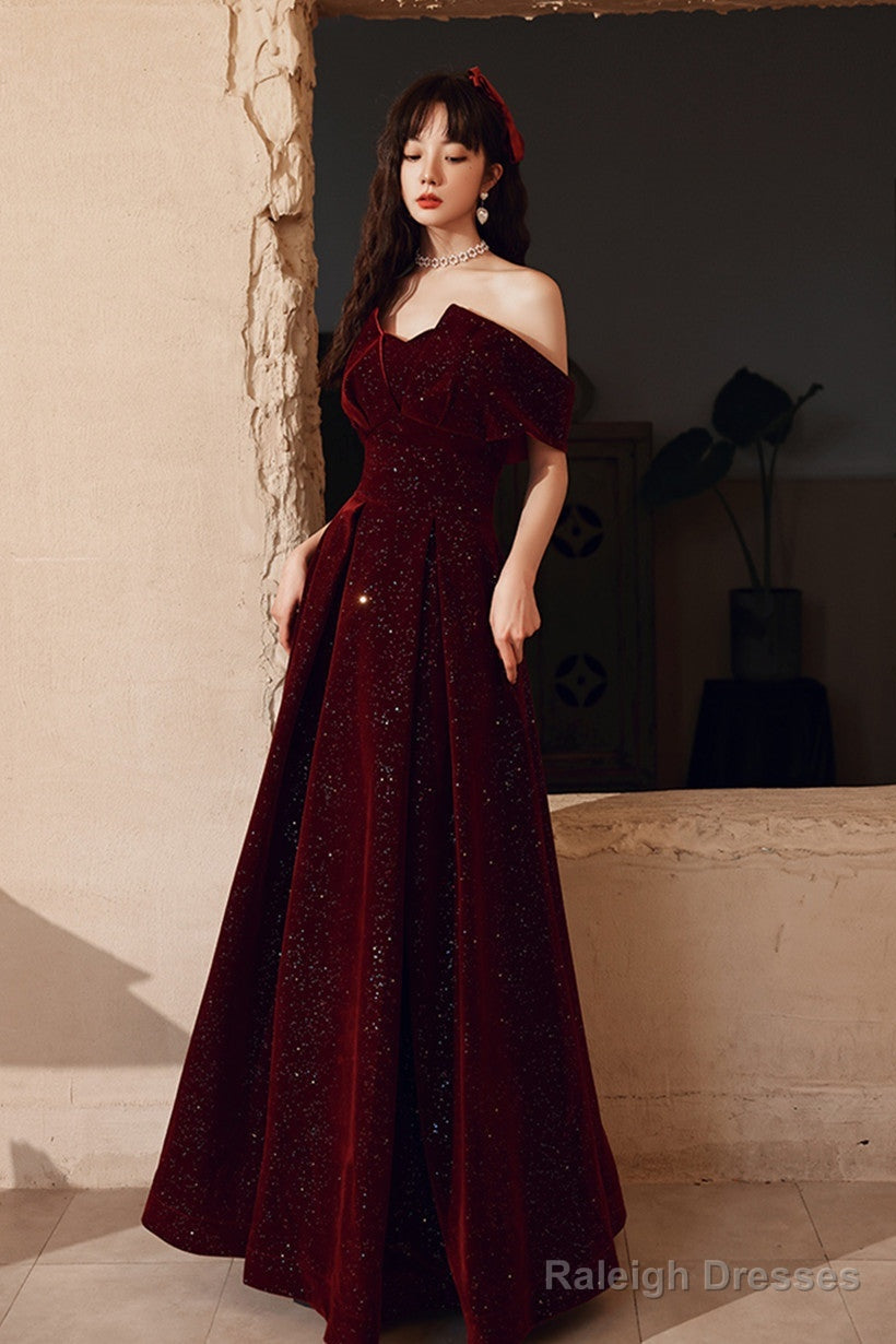 Wine Red Velvet Floor Length Party Dress, A-Line Formal Dress Wine Red Prom Dress Main image