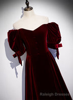Wine Red Velvet Floor Length Short Sleeves Prom Dress, A Line Wine Red Bridesmaid Dress