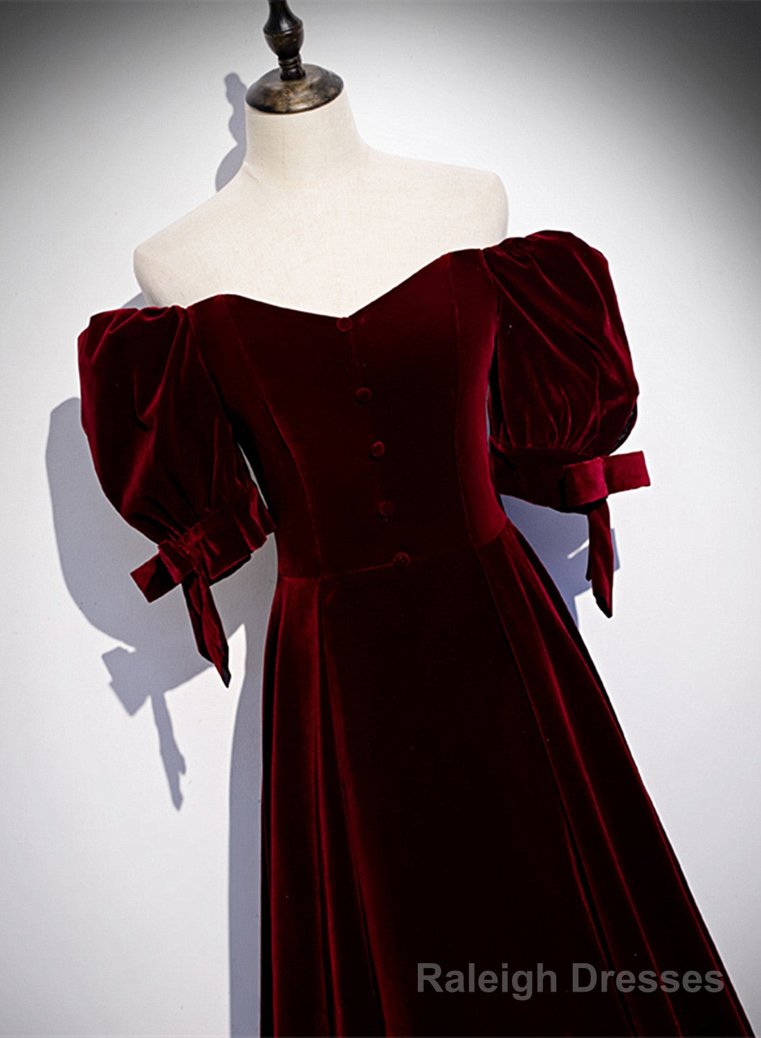 Wine Red Velvet Floor Length Short Sleeves Prom Dress, A Line Wine Red Bridesmaid Dress