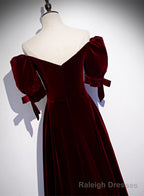 Wine Red Velvet Floor Length Short Sleeves Prom Dress, A Line Wine Red Bridesmaid Dress