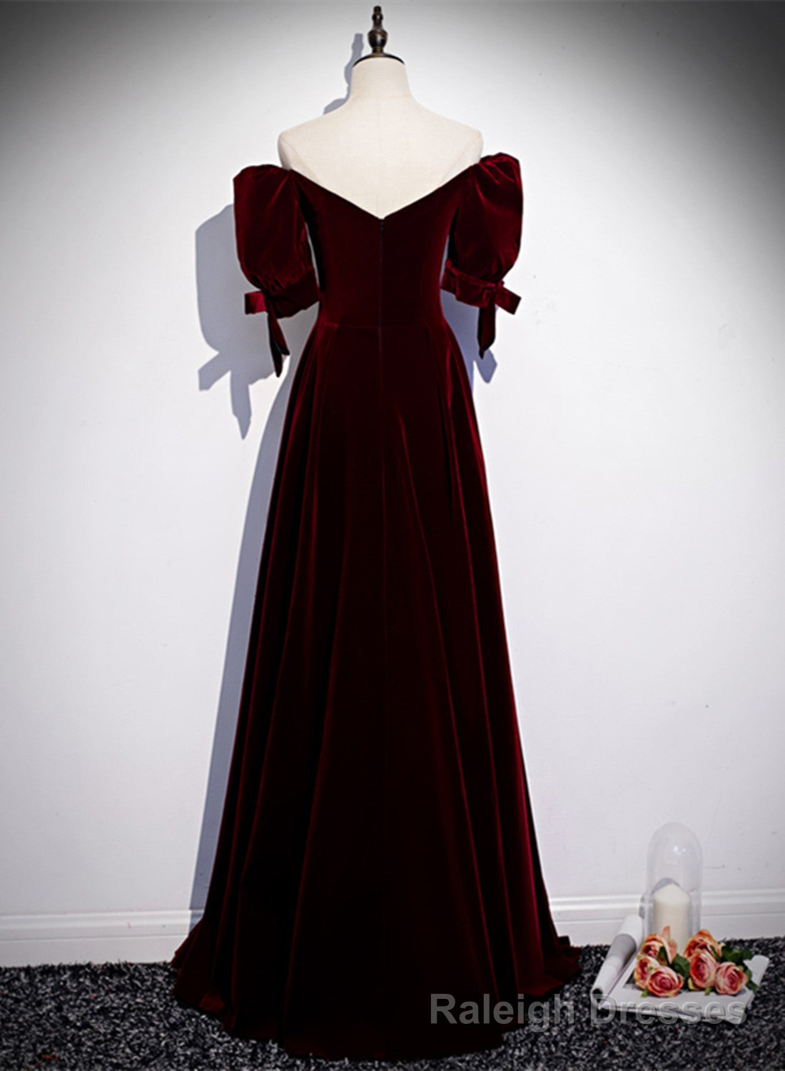 Wine Red Velvet Floor Length Short Sleeves Prom Dress, A Line Wine Red Bridesmaid Dress Secondary image