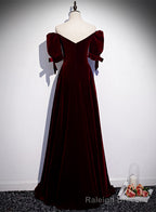Wine Red Velvet Floor Length Short Sleeves Prom Dress, A Line Wine Red Bridesmaid Dress
