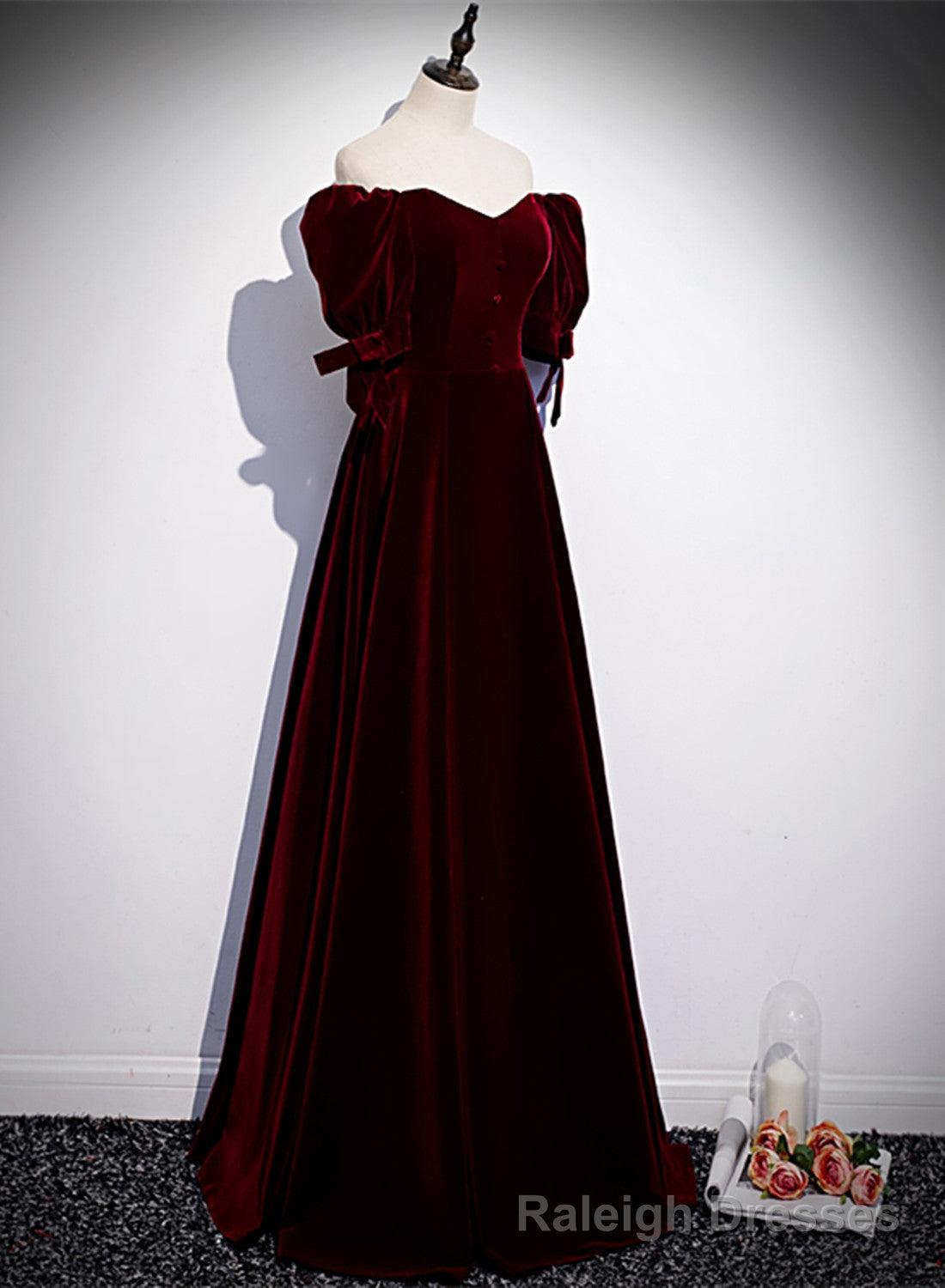 Wine Red Velvet Floor Length Short Sleeves Prom Dress, A Line Wine Red Bridesmaid Dress Main image