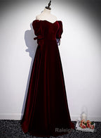Wine Red Velvet Floor Length Short Sleeves Prom Dress, A Line Wine Red Bridesmaid Dress