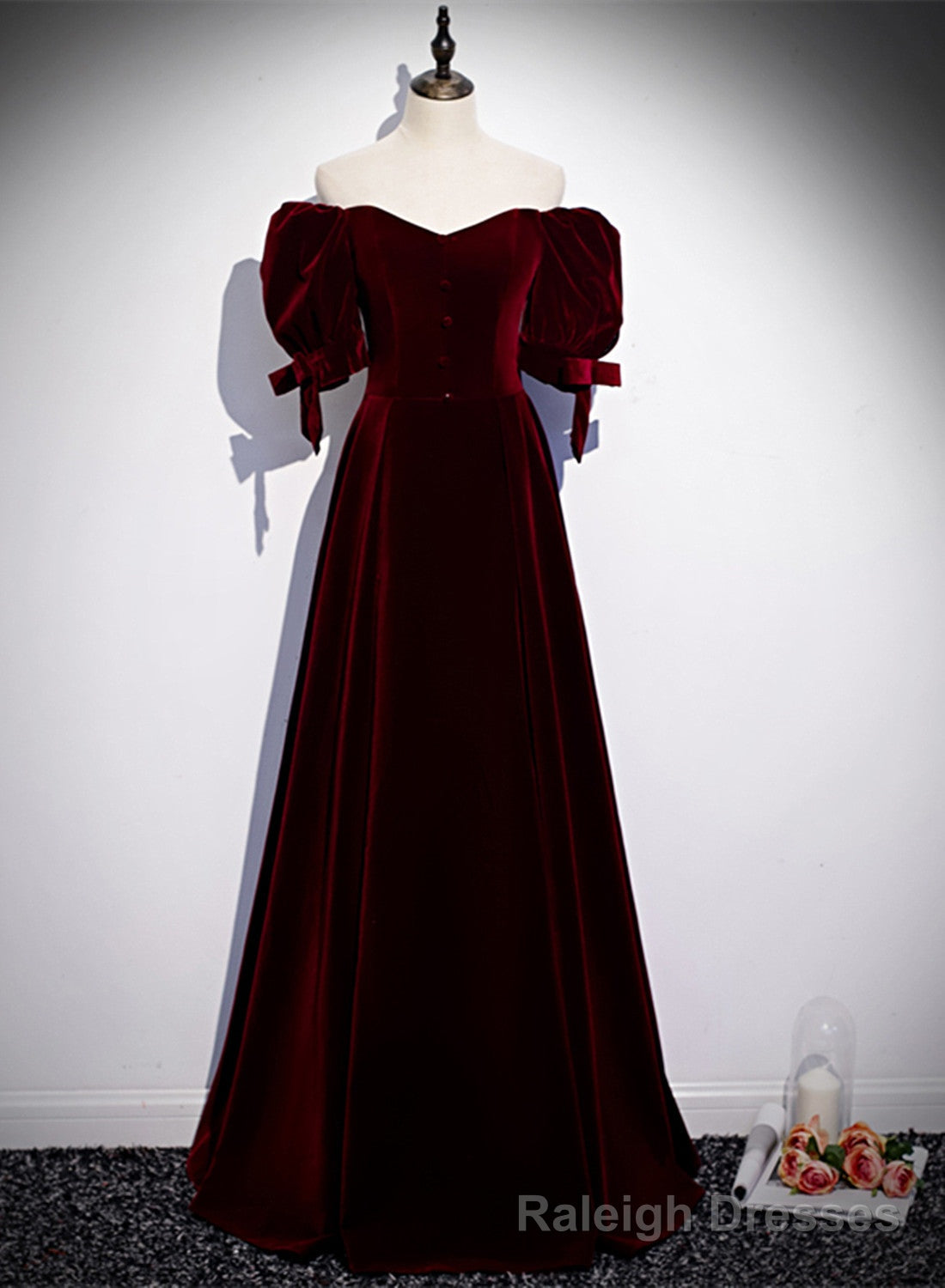 Wine Red Velvet Floor Length Short Sleeves Prom Dress, A Line Wine Red Bridesmaid Dress