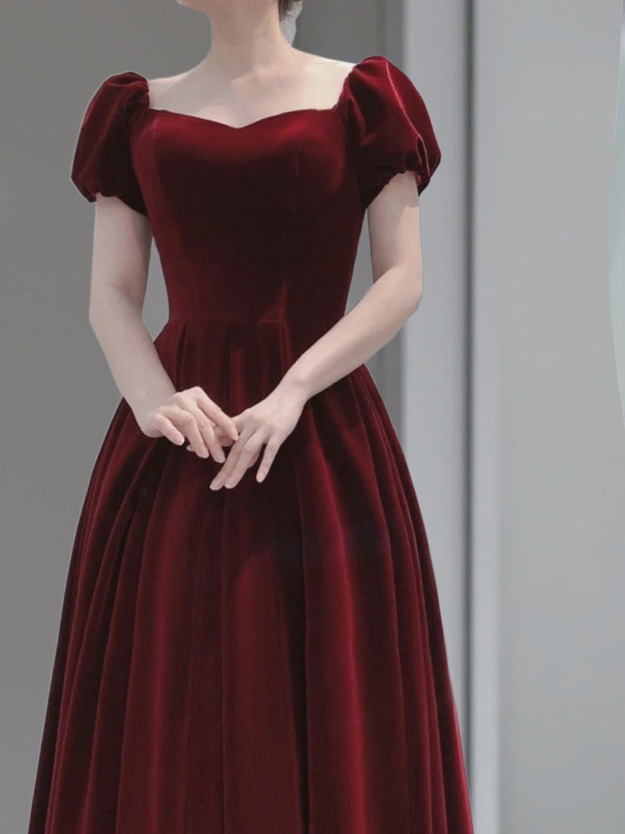 Wine Red Velvet Floor Length Wedding Prom Dresses Short Sleeves Prom Dresses