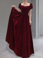 Wine Red Velvet Floor Length Wedding Prom Dresses Short Sleeves Prom Dresses