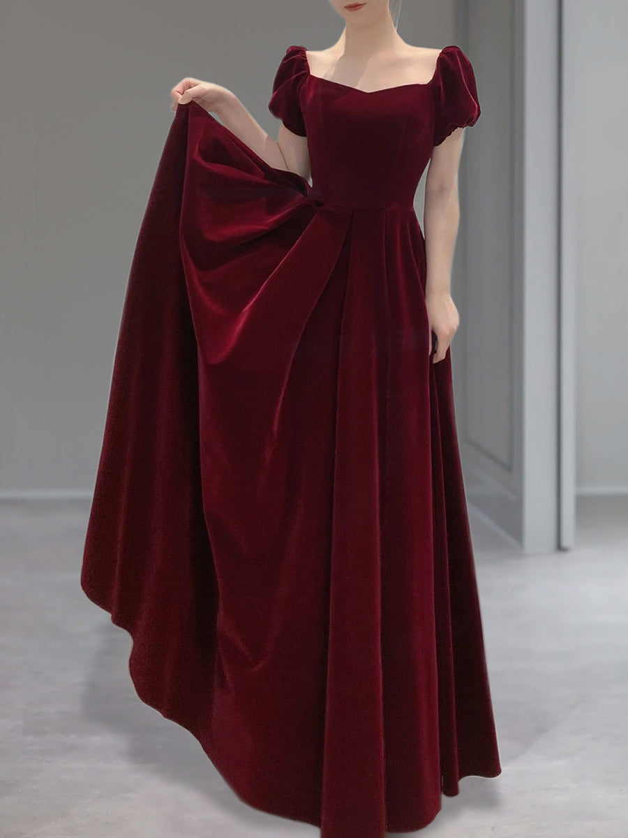 Wine Red Velvet Floor Length Wedding Prom Dresses Short Sleeves Prom Dresses