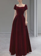 Wine Red Velvet Floor Length Wedding Prom Dresses Short Sleeves Prom Dresses
