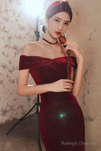Wine Red Velvet Leg Slit Prom Dresses Long Prom Dresses Mermaid Off Shoulder Gown