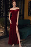 Wine Red Velvet Leg Slit Long Prom Dress Party Dress, Mermaid Off Shoulder Gowns