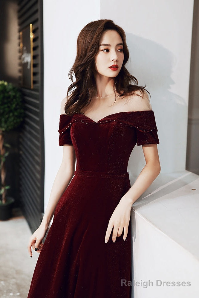 Wine Red Velvet Long A-Line Bridesmaid Dress, Wine Red Prom Dresses