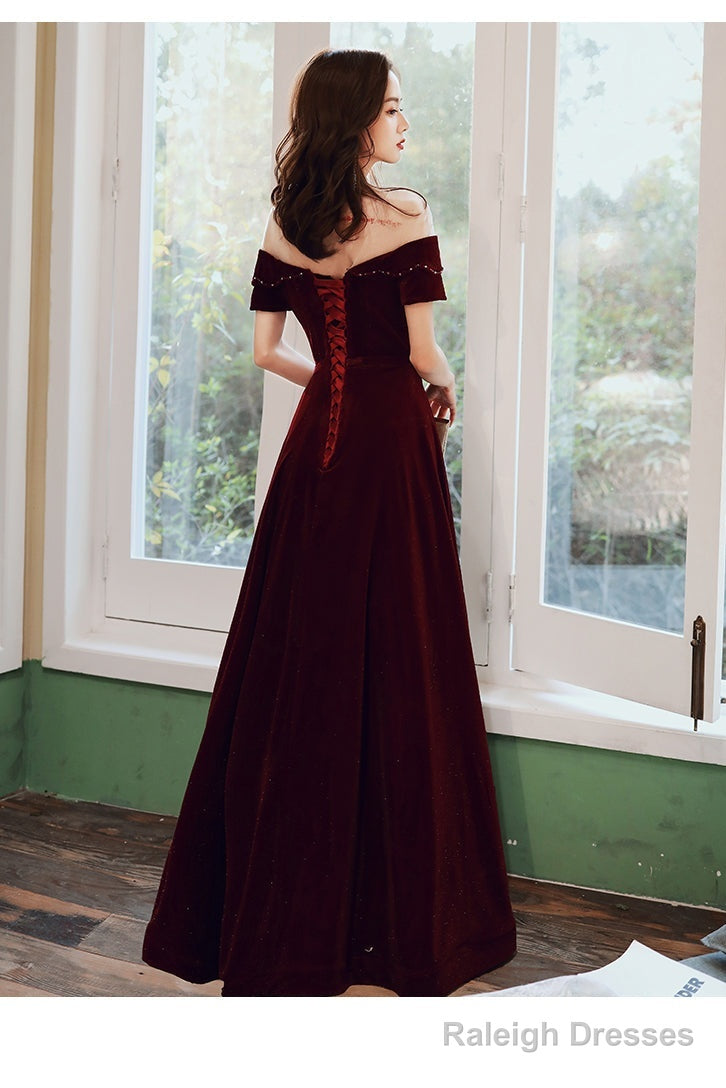 Wine Red Velvet Long A-Line Bridesmaid Dress, Wine Red Prom Dresses
