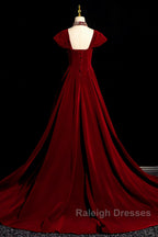 Wine Red Velvet Long Formal Dress With Beadings, Wine Red Prom Dress