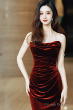 Wine Red Velvet Long Mermaid Wedding Party Dress, Wine Red Prom Dress