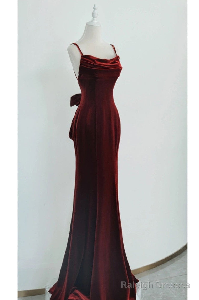 Wine Red Velvet Long Party Dress, Mermaid Open Back Long Prom Dress
