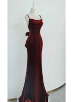 Wine Red Velvet Long Prom Dresses Mermaid Open Back Long Prom Dresses