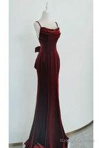 Wine Red Velvet Long Prom Dresses Mermaid Open Back Long Prom Dresses