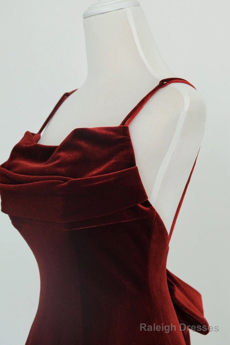 Wine Red Velvet Long Party Dress, Mermaid Open Back Long Prom Dress