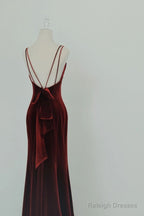 Wine Red Velvet Long Party Dress, Mermaid Open Back Long Prom Dress