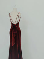 Wine Red Velvet Long Prom Dresses Mermaid Open Back Long Prom Dresses