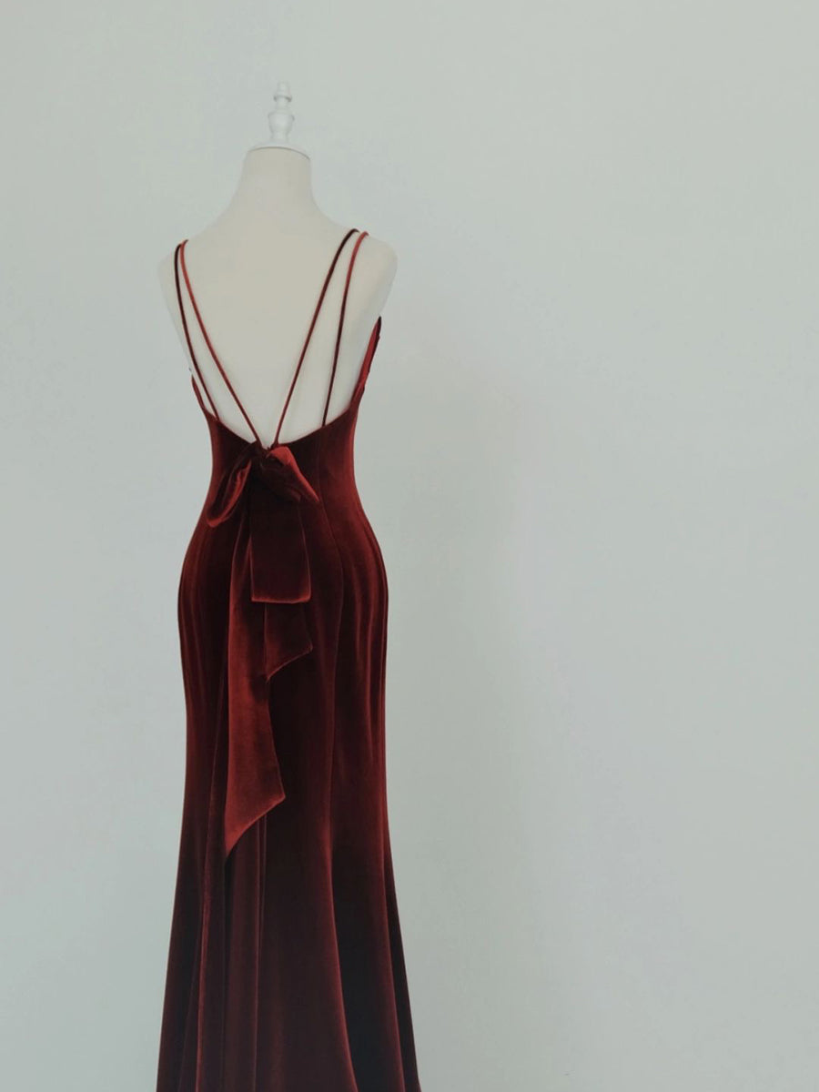 Wine Red Velvet Long Prom Dresses Mermaid Open Back Long Prom Dresses
