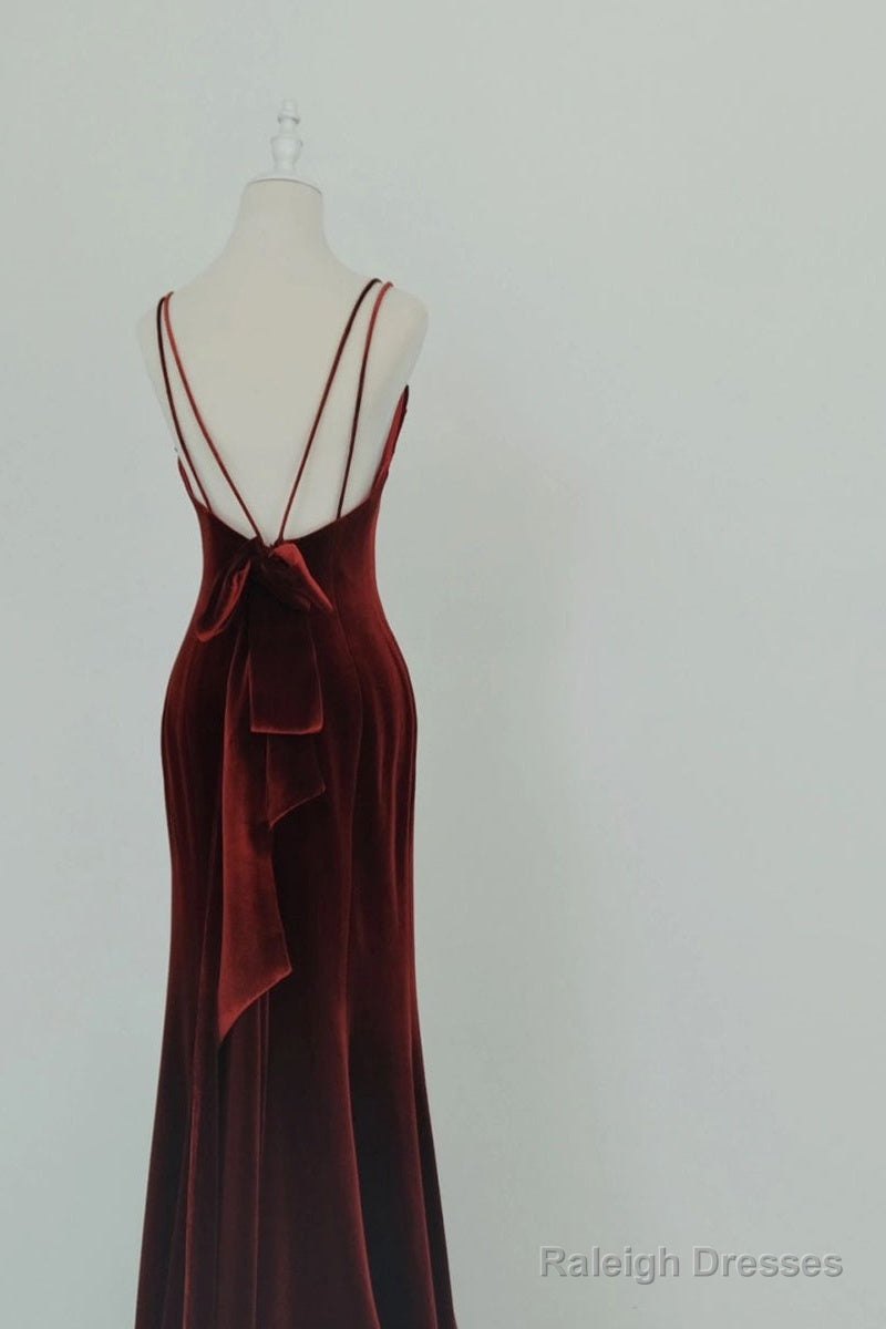 Wine Red Velvet Long Prom Dresses Mermaid Open Back Long Prom Dresses