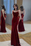 Wine Red Velvet Long Party Dress, Mermaid Open Back Long Prom Dress