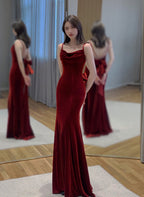 Wine Red Velvet Long Prom Dresses Mermaid Open Back Long Prom Dresses