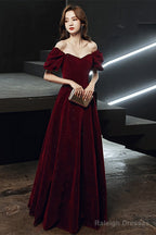 Wine Red Velvet Long Party Dress, Off Shoulder A-Line Long Prom Dress