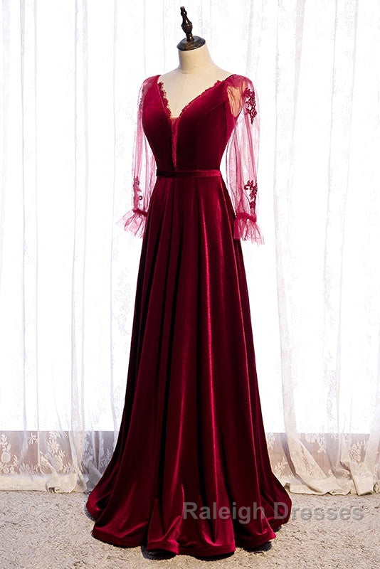 Wine Red Velvet Long Party Dress Prom Dress, A-Line Long Sleeves Formal Dresses Secondary image