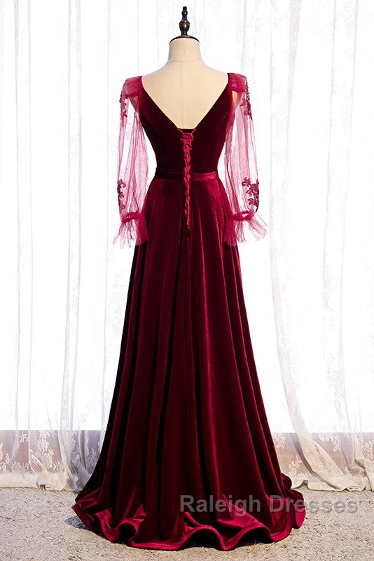Wine Red Velvet Long Party Dress Prom Dress, A-Line Long Sleeves Formal Dresses