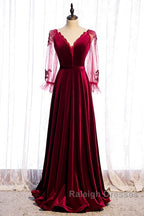 Wine Red Velvet Long Party Dress Prom Dress, A-Line Long Sleeves Formal Dresses