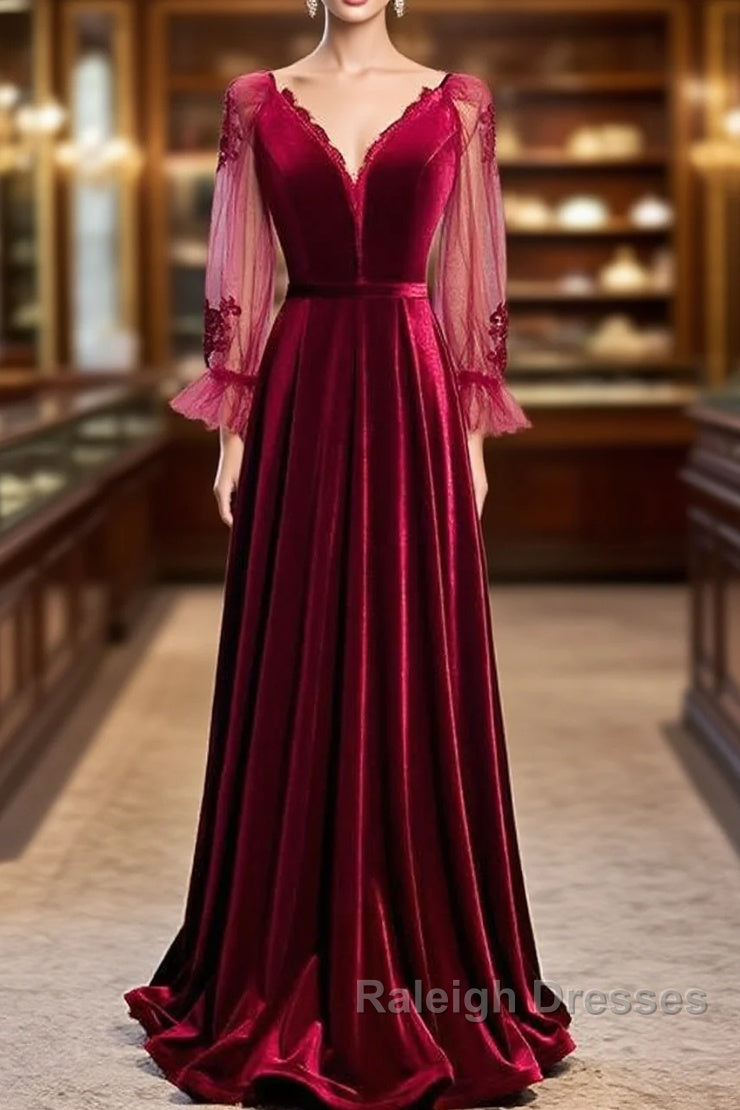 Wine Red Velvet Long Party Dress Prom Dress, A-Line Long Sleeves Formal Dresses Main image