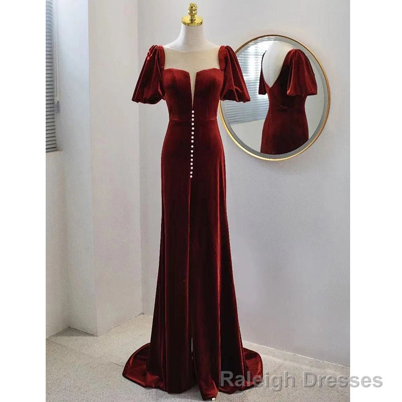 Wine Red Velvet Long Round Neckline Party Dress, Wine Red Prom Dresses Secondary image