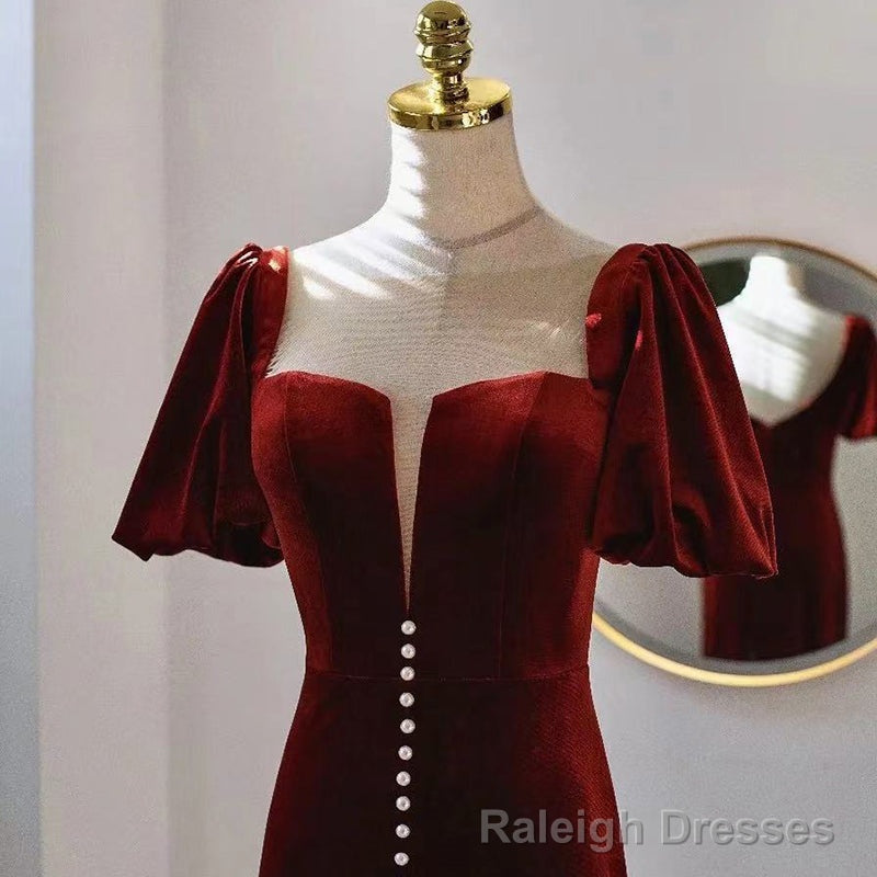 Wine Red Velvet Long Round Neckline Prom Dress, Wine Red Prom Dresses