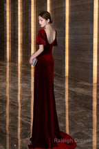 Wine Red Velvet Long Round Neckline Prom Dress, Wine Red Prom Dresses