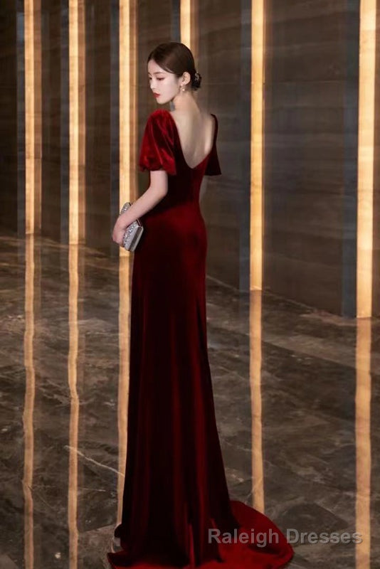Wine Red Velvet Long Round Neckline Prom Dress, Wine Red Prom Dresses