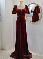 Wine Red Velvet Long Round Neckline Prom Dress, Wine Red Prom Dresses