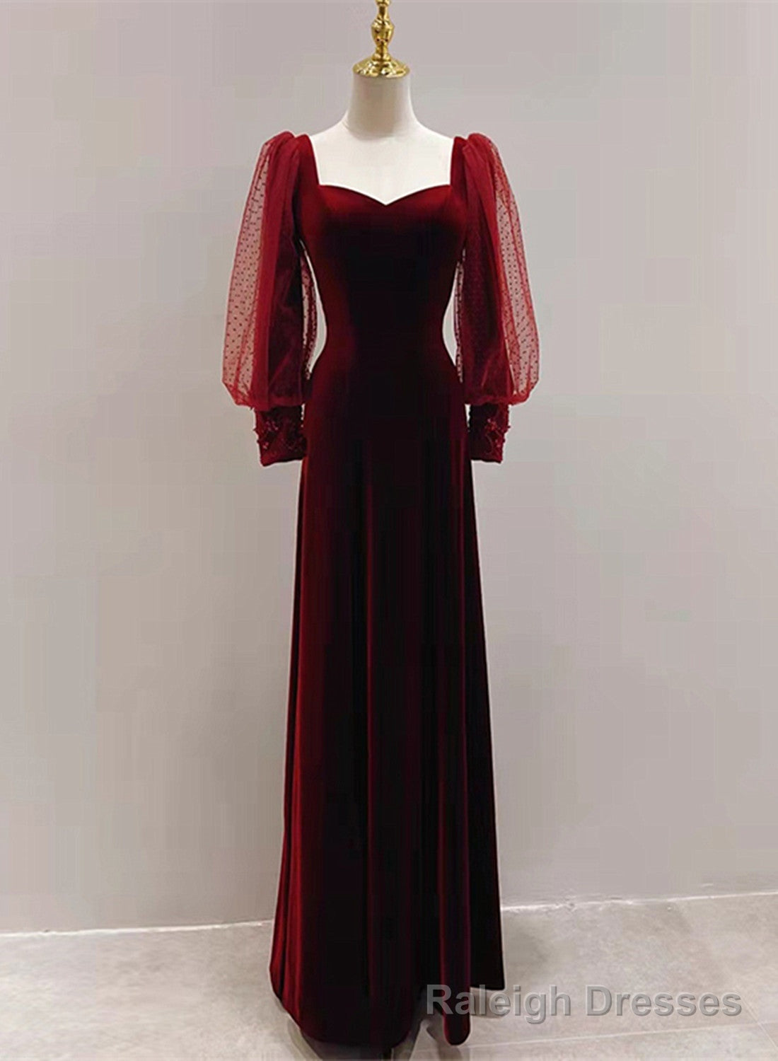 Wine Red Velvet Long Sleeves Floor Length Bridesmaid Dress, Wine Red Long Prom Dress Secondary image