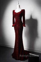 Wine Red Velvet Long Sleeves Mermaid Long Prom Dress, Wine Red Evening Dress