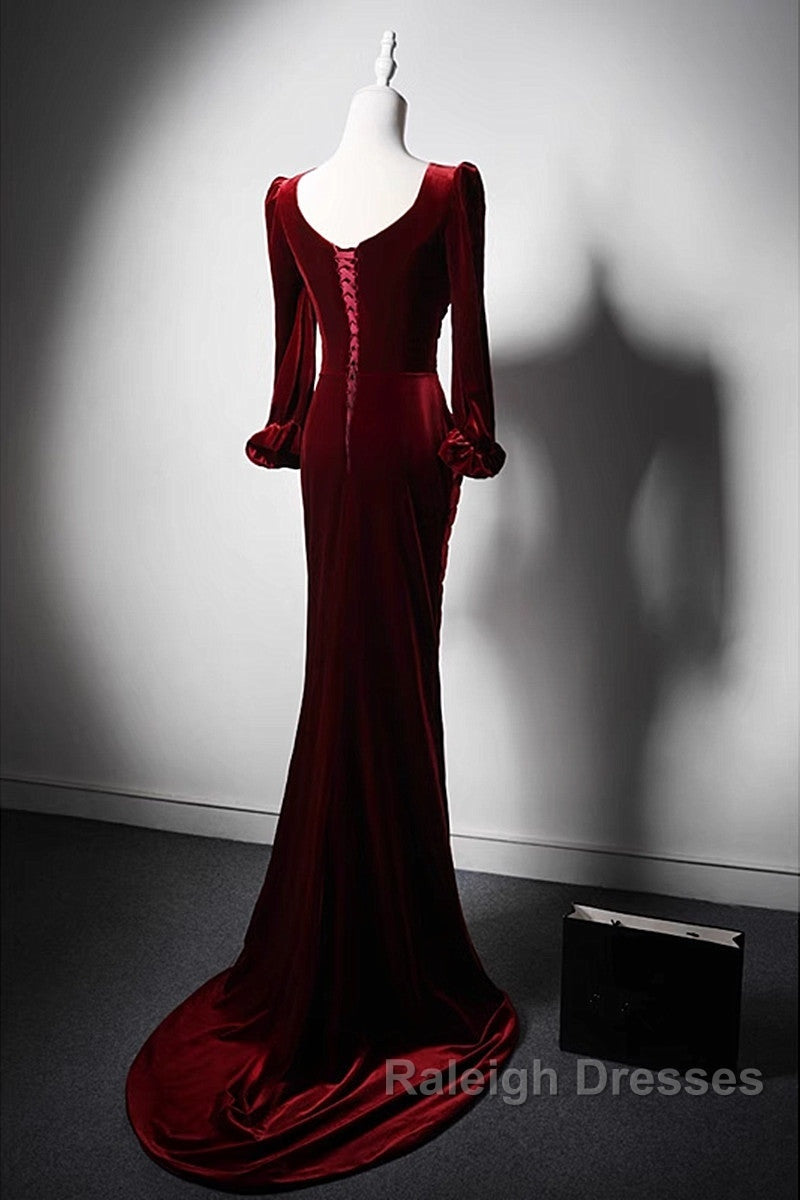 Wine Red Velvet Long Sleeves Mermaid Long Prom Dress, Wine Red Evening Dress