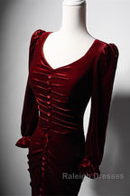 Wine Red Velvet Long Sleeves Mermaid Long Prom Dress, Wine Red Evening Dress