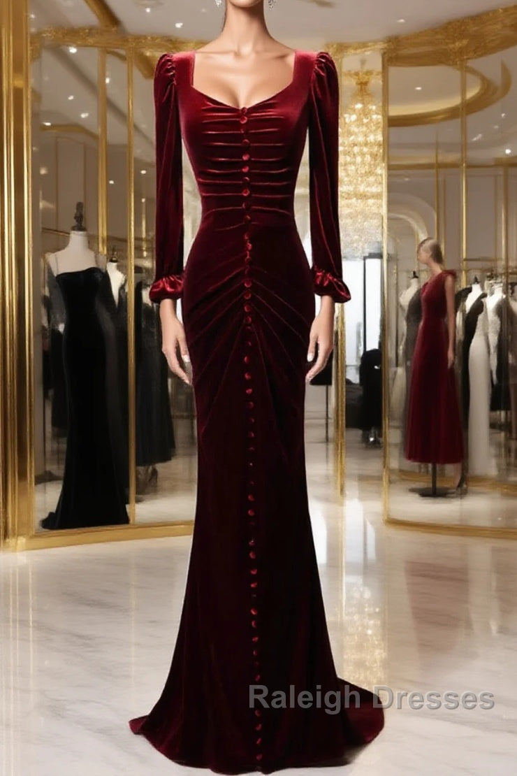 Wine Red Velvet Long Sleeves Mermaid Long Prom Dress, Wine Red Evening Dress