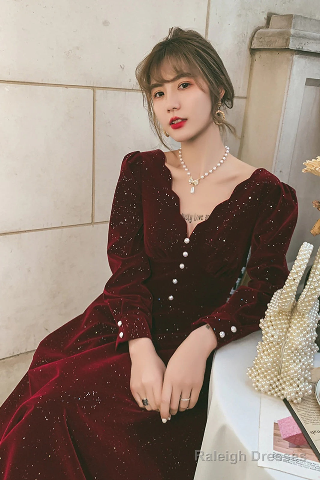 Wine Red Velvet Long Sleeves Party Dress, Wine Red V-Neckline Prom Dress Evening Dress Secondary image